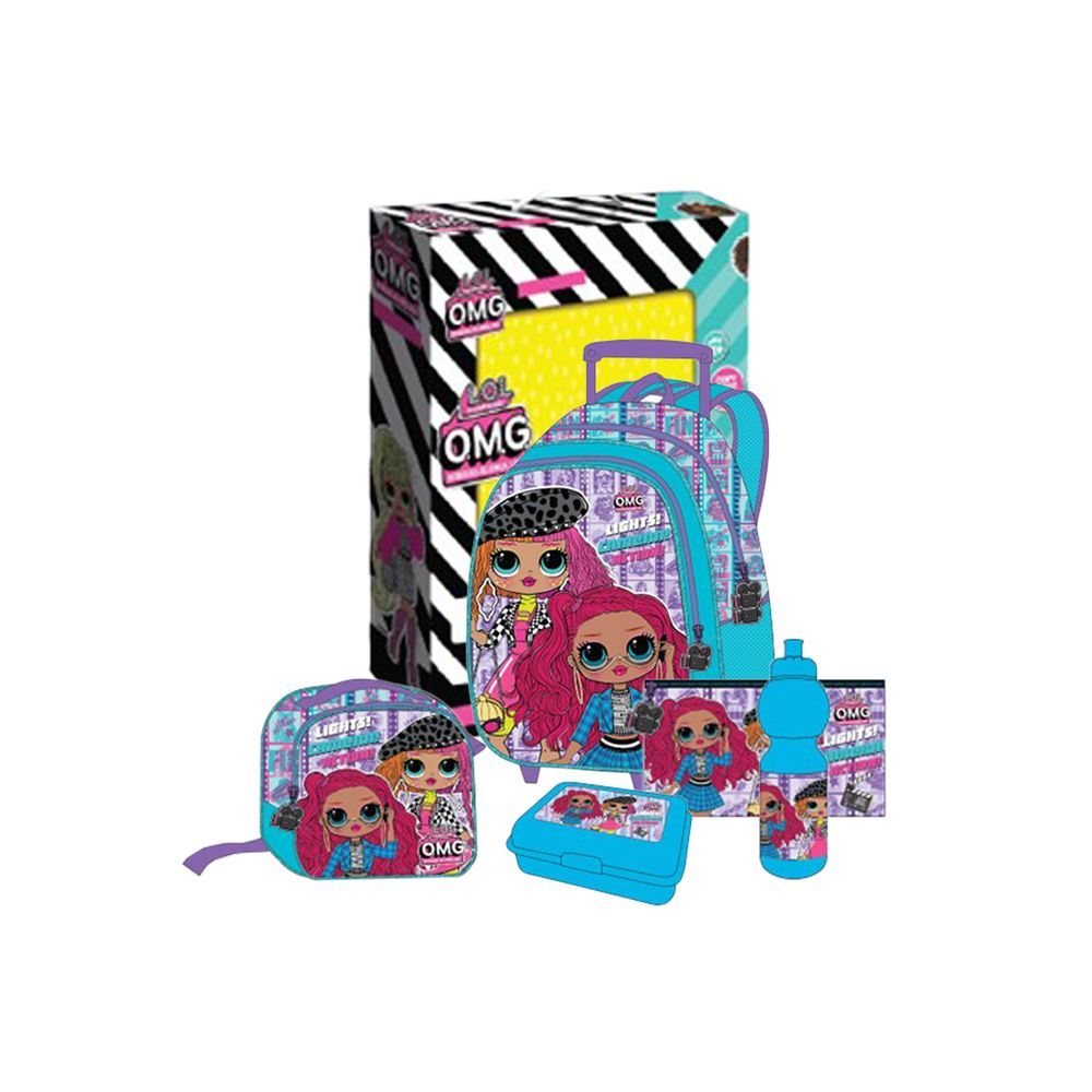 MGA - LOL OMG Kids 5-in-1 Box Set W/ 18" - Trolley School Bag, Water Bottle, Lunch Box, Lunch Bag & Pencil Case