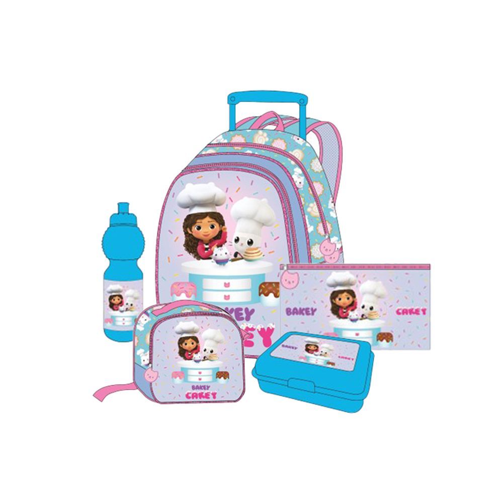 Universal - Gabby Doll House Kids 5-in-1 Box Set W/ 16" - Trolley School Bag, Water Bottle, Lunch Box, Lunch Bag & Pencil Case