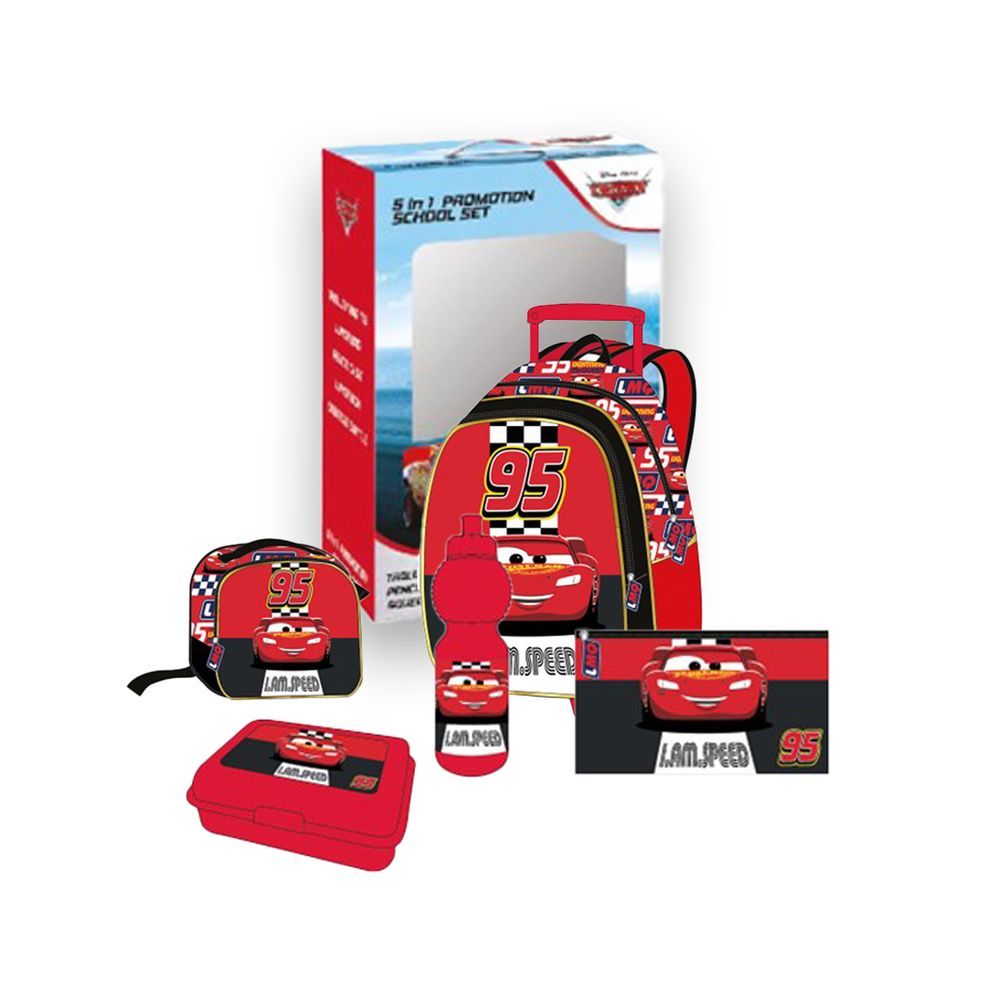 Disney - Cars Kids 5-in-1 Box Set W/ 18" - Trolley School Bag, Water Bottle, Lunch Box, Lunch Bag & Pencil Case