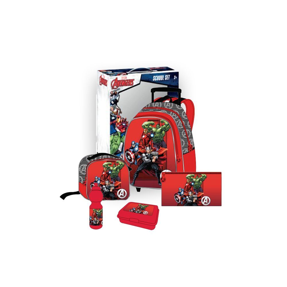 Marvel - Avengers Kids 5-in-1 Box Set W/ 18" - Trolley School Bag, Water Bottle, Lunch Box, Lunch Bag & Pencil Case