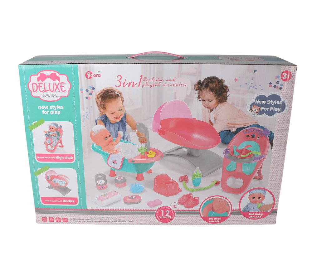 Vdora Dolls - 3-In-1 Baby Doll Feeding, Shower & Cradle Playset - 14 Inch