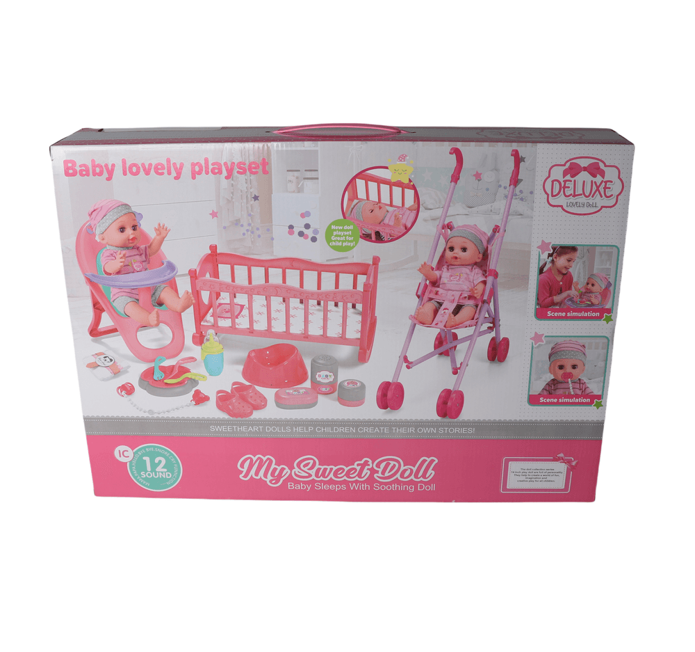 Vdora Dolls - 3-In-1 Baby Doll Feeding, Stroller & Cradle Playset A - 14 Inch