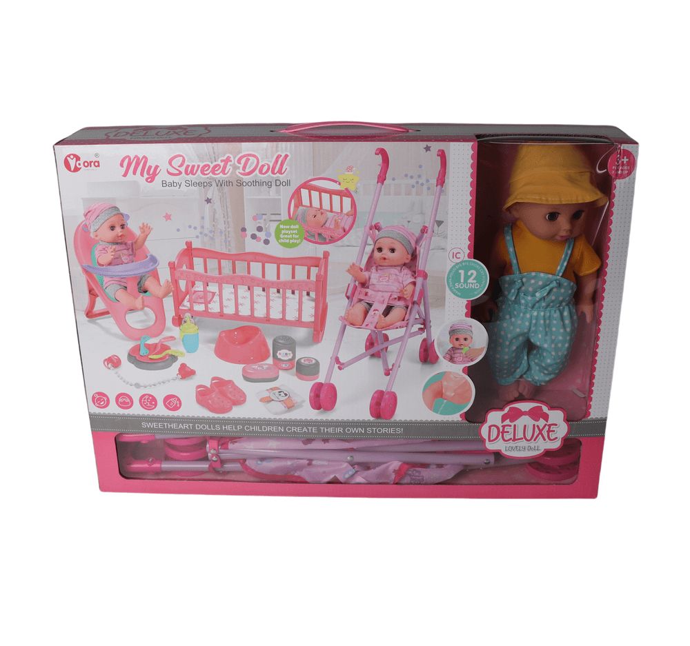 Vdora Dolls - 3-In-1 Baby Doll Feeding, Stroller & Cradle Playset B - 14 Inch