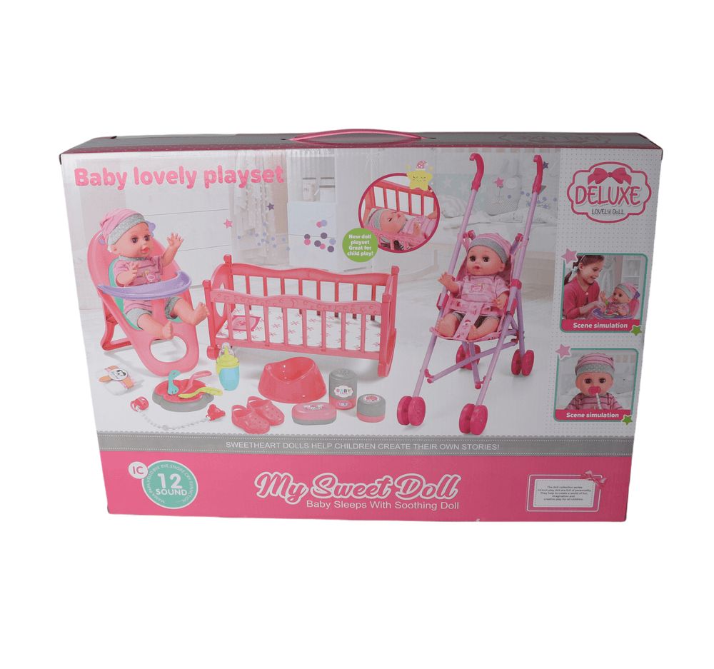 Vdora Dolls - 3-In-1 Baby Doll Feeding, Stroller & Cradle Playset B - 14 Inch