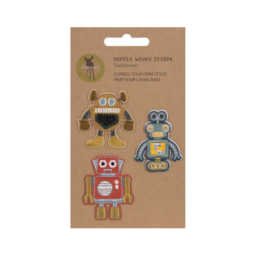 Lassig - Textile Woven Stick On Sticker - Robots - 3 Pcs