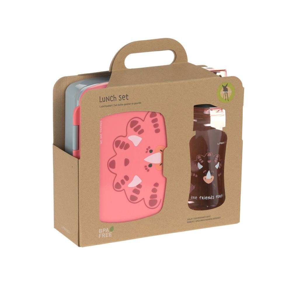 Lassig - Lunchbox With 2 Compartment And Water Bottle - Dino Rose - 460ml