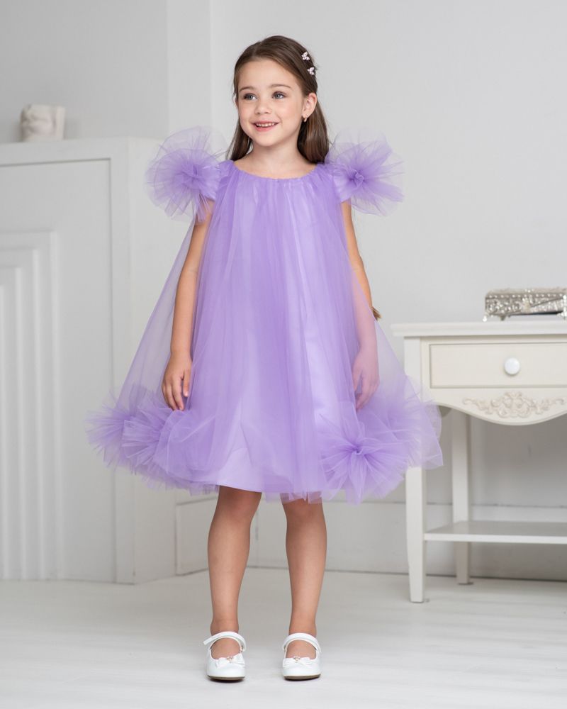 Unona - D'Art - Fluffy Mesh Dress W/ Pompoms - Lavender