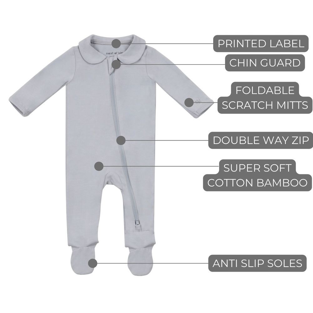 Next of Kin - Elliot Essential Zippy Peter Pan Collar Bamboo Onesie - رمادي