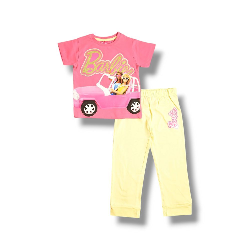 Barbie - 2pc-Set - Girl's Short Sleeve Top And Pyjama Pants- Pink/Yellow