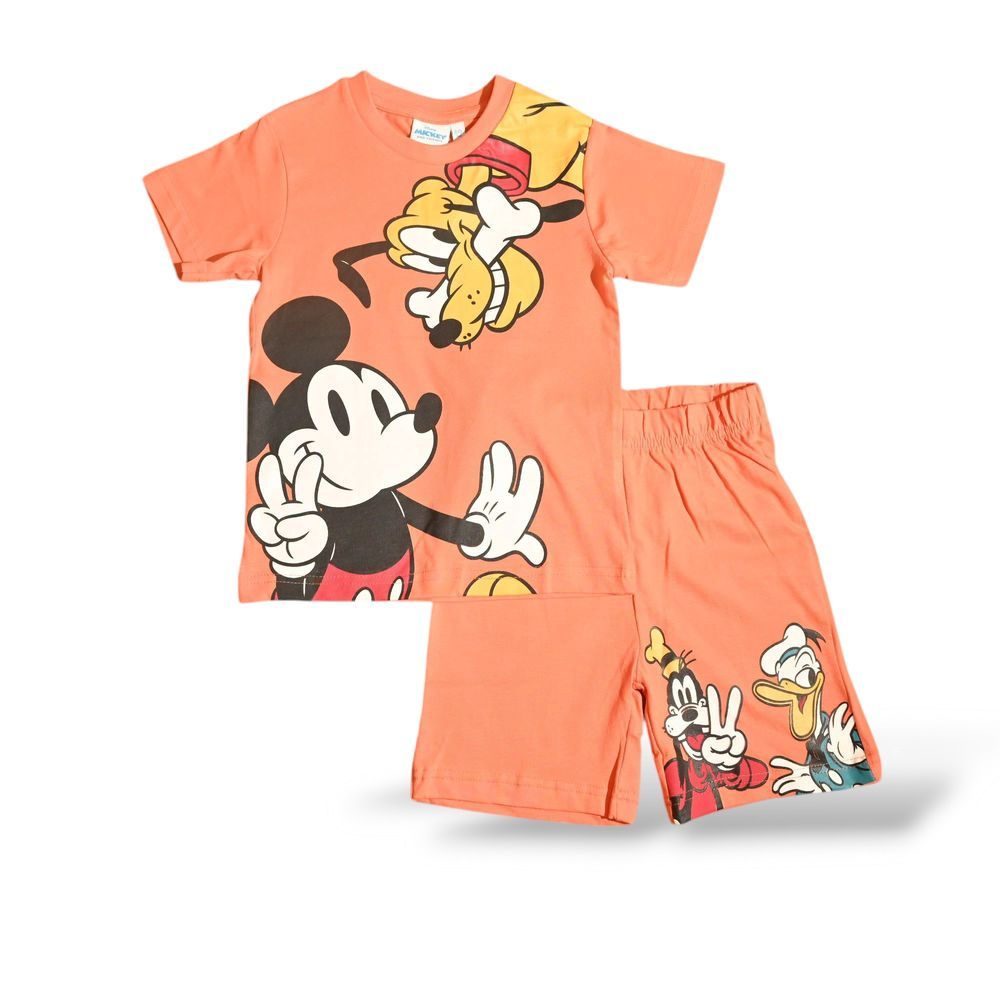 Mickey & Friends - 2pc-Set - Boy's Printed T-Shirt & Shorts - Coral