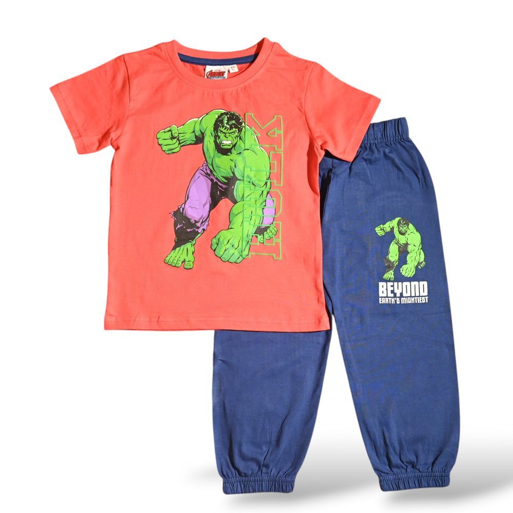 Avengers - 2pc-Set - Boy's Hulk Printed Pyjama T-Shirt & Pants - Red/Blue