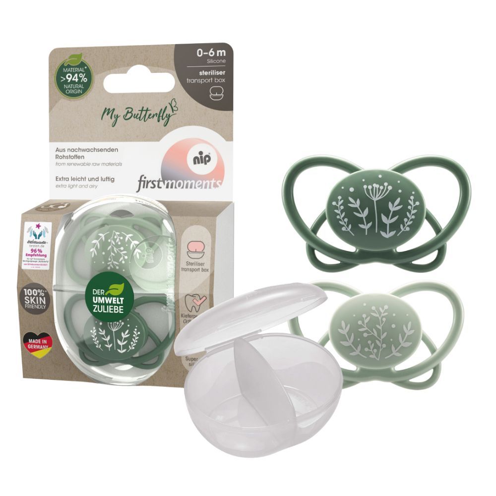 Nip - Butterfly Soother With Sterilizer Box 0-6M - Green - 2 pcs