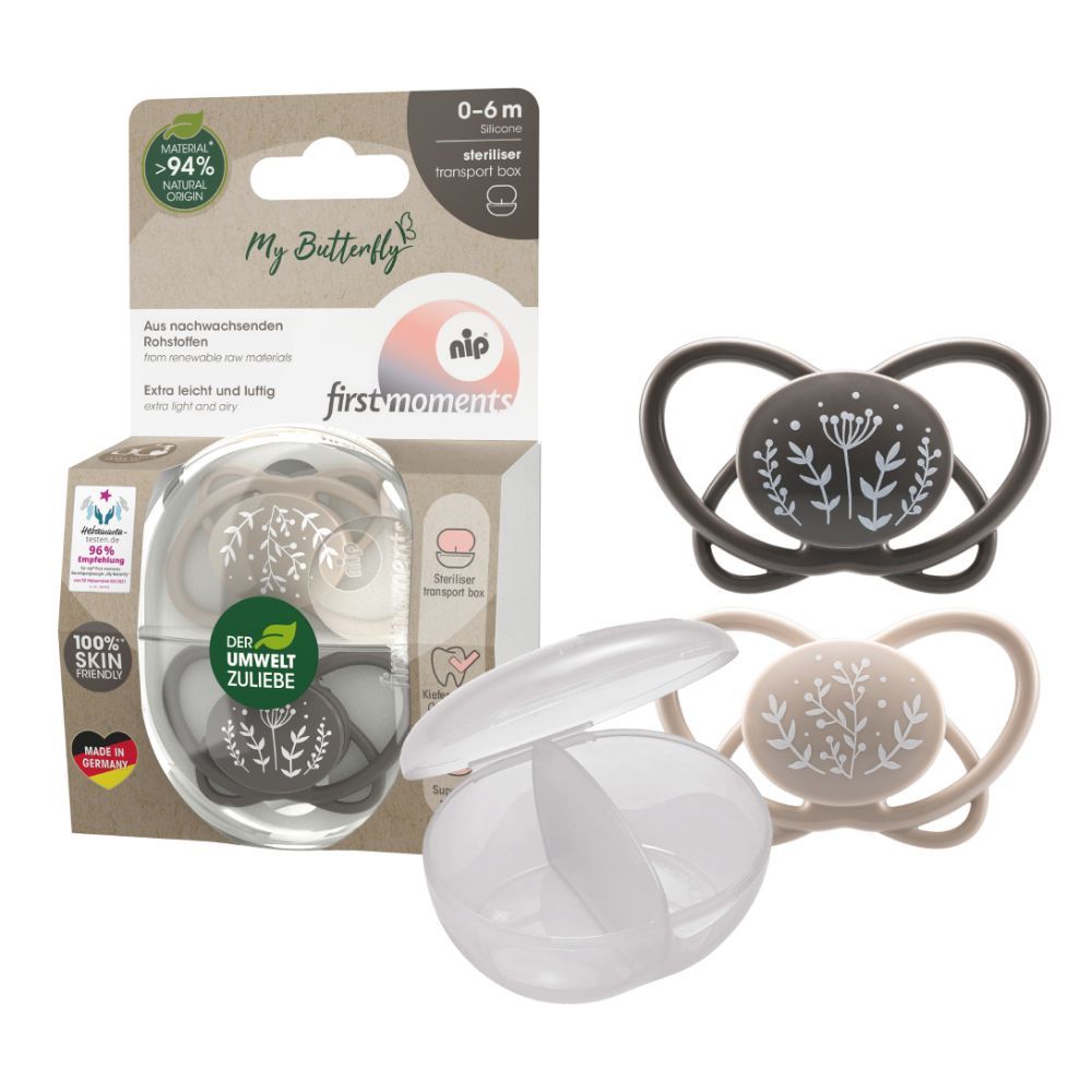 Nip - Butterfly Soother With Sterilizer Box 0-6M - Grey - 2 pcs