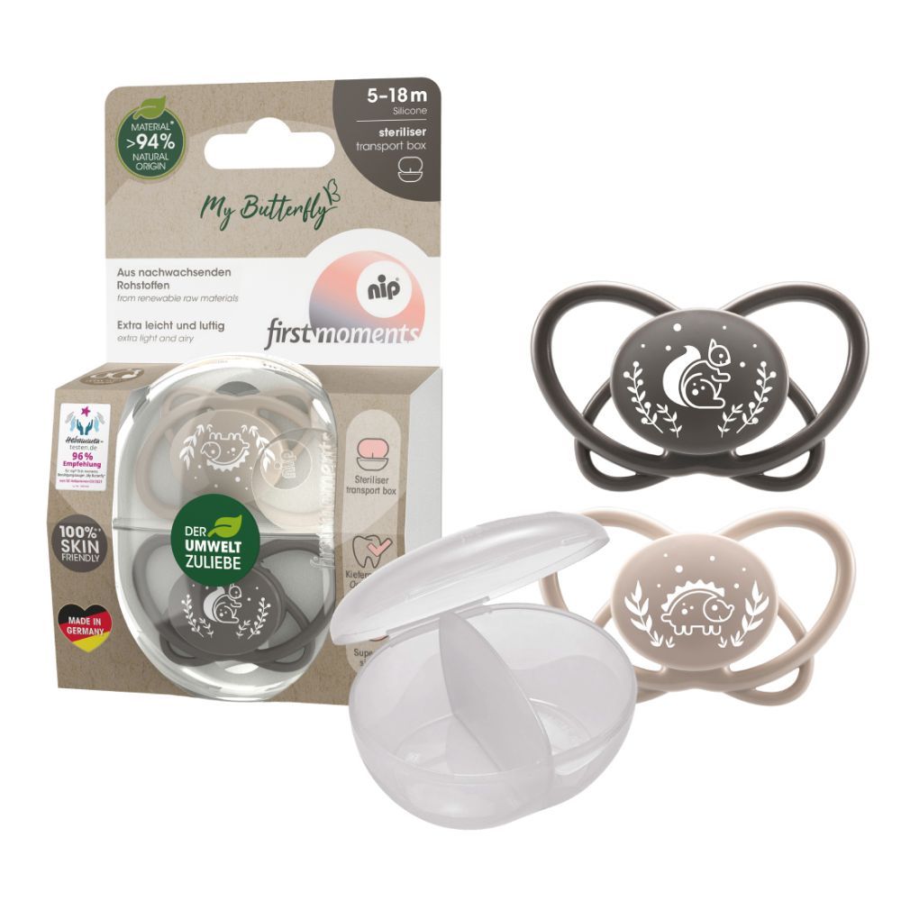 Nip - Butterfly Soother With Sterilizer Box 5-18M - Grey - 2 pcs