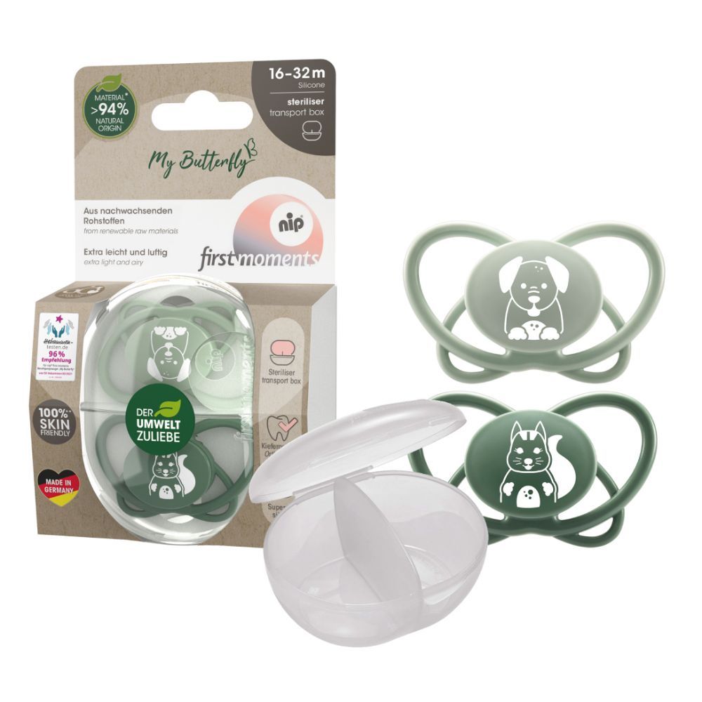 Nip - Butterfly Soother With Sterilizer Box 16-32M - Green - 2 pcs