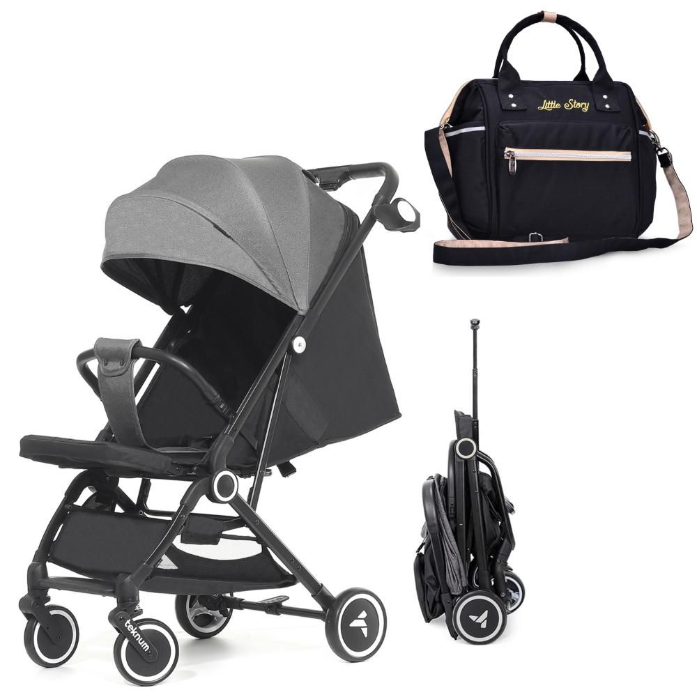 Teknum - Travel Cabin Stroller With Diaper Bag And Cup Holder - Grey