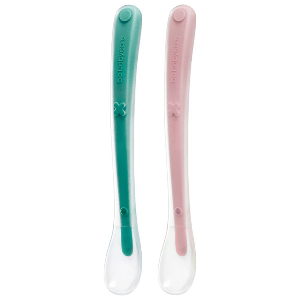 Babycare - Baby Silicone Spoons - Light Green/Pearly Pink - Pack of 2