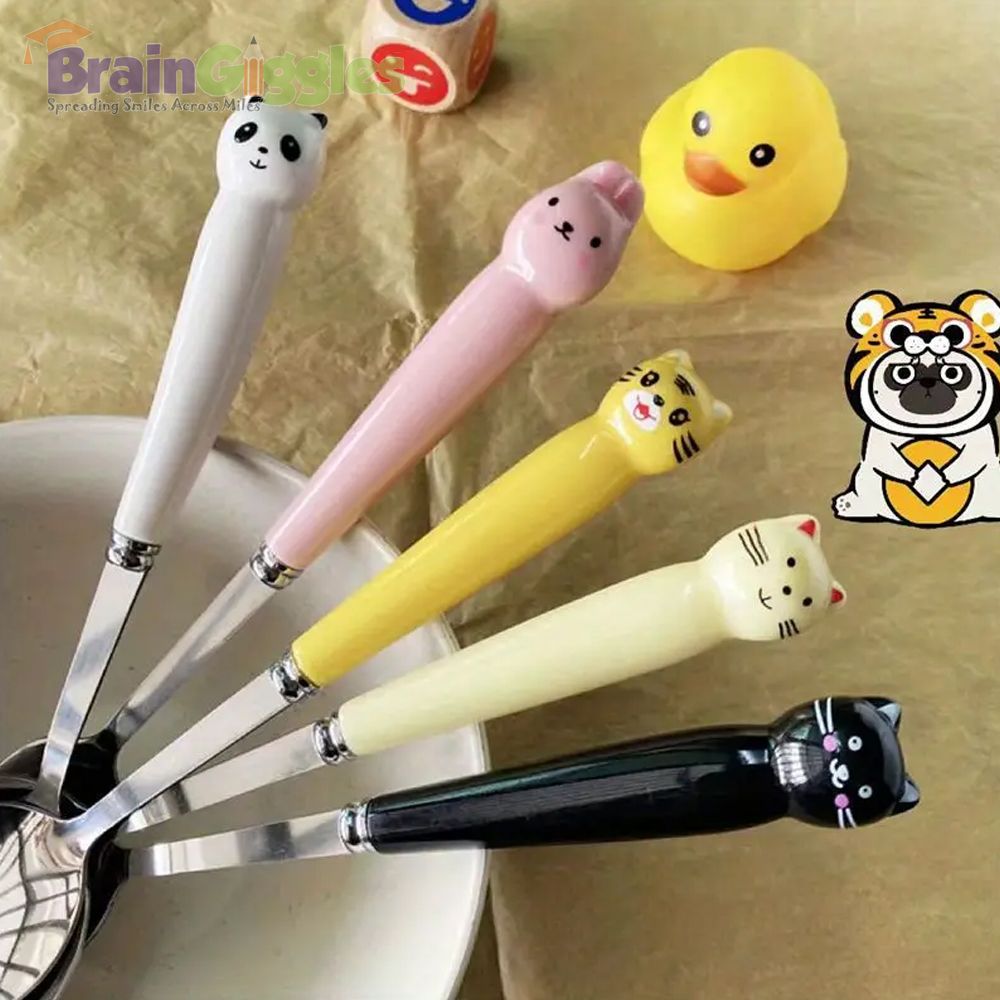 Brain Giggles - Cat Face Stainless Steel Kids Cutlery Set - White - 2 Pcs