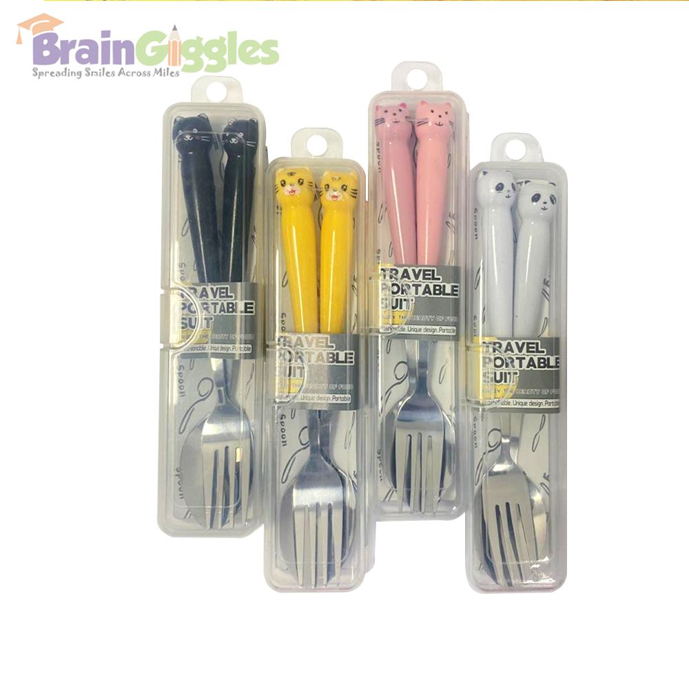 Brain Giggles - Cat Face Stainless Steel Kids Cutlery Set - White - 2 Pcs