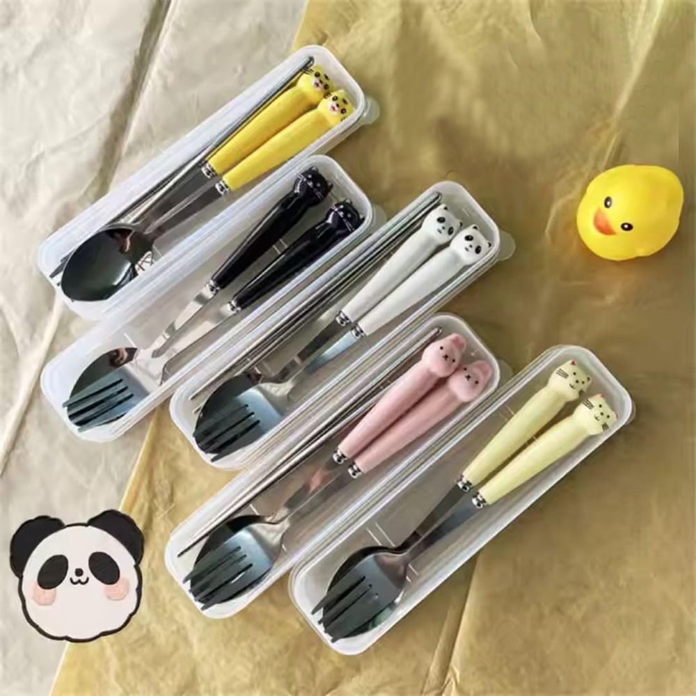 Brain Giggles - Cat Face Stainless Steel Kids Cutlery Set - Yellow - 2 Pcs