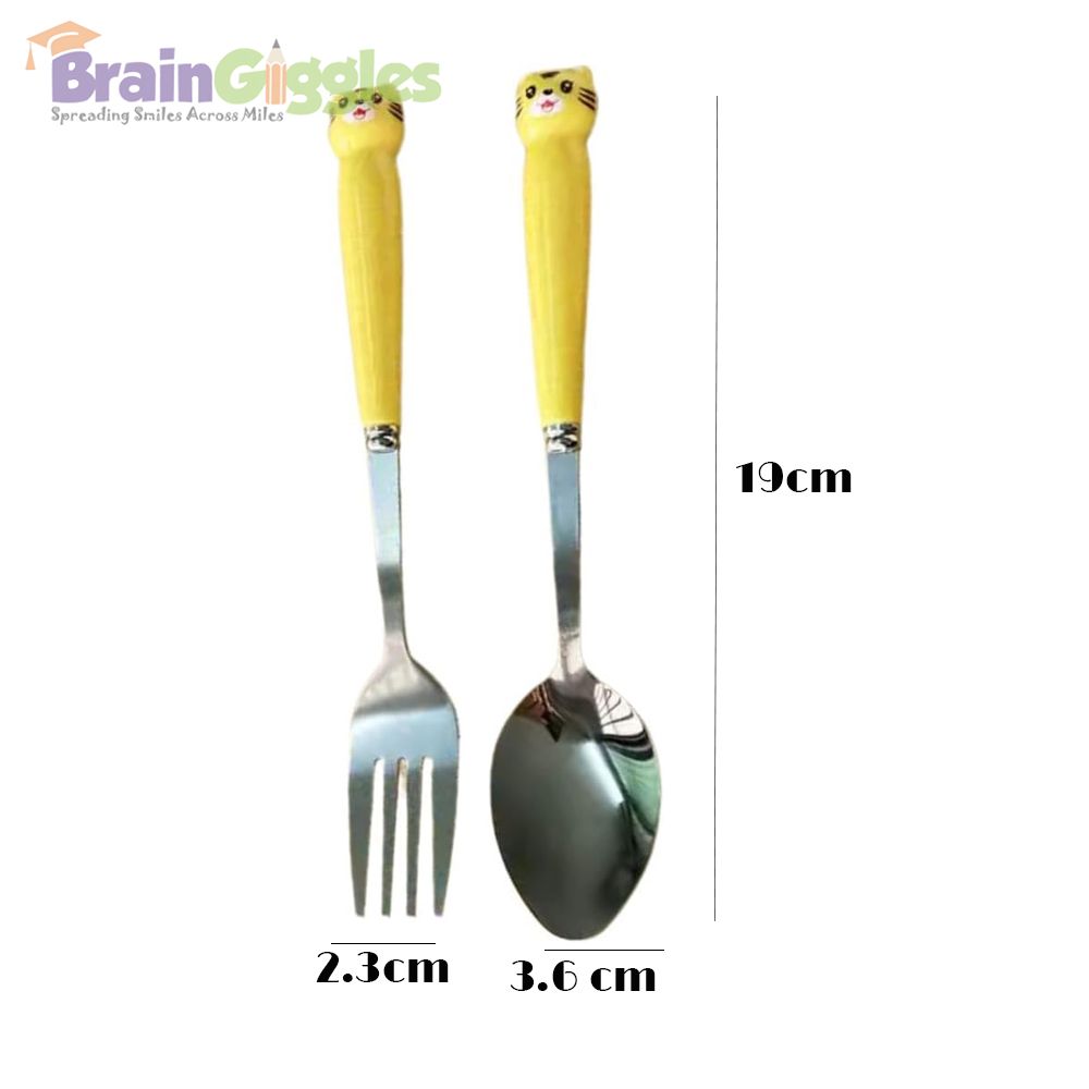 Brain Giggles - Cat Face Stainless Steel Kids Cutlery Set - Yellow - 2 Pcs