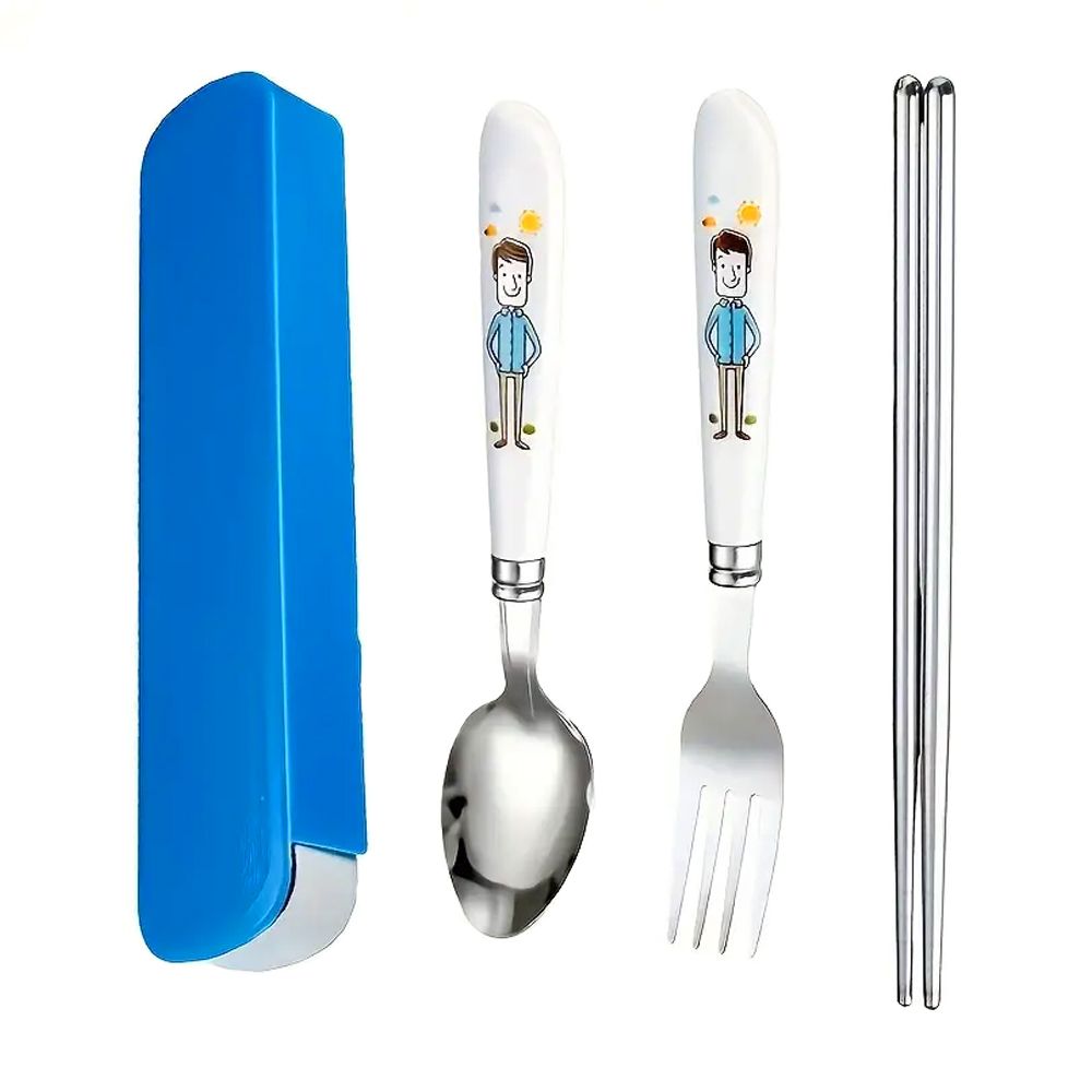 Brain Giggles - Kids Cutlery Set With Case - Blue - 4 Pcs