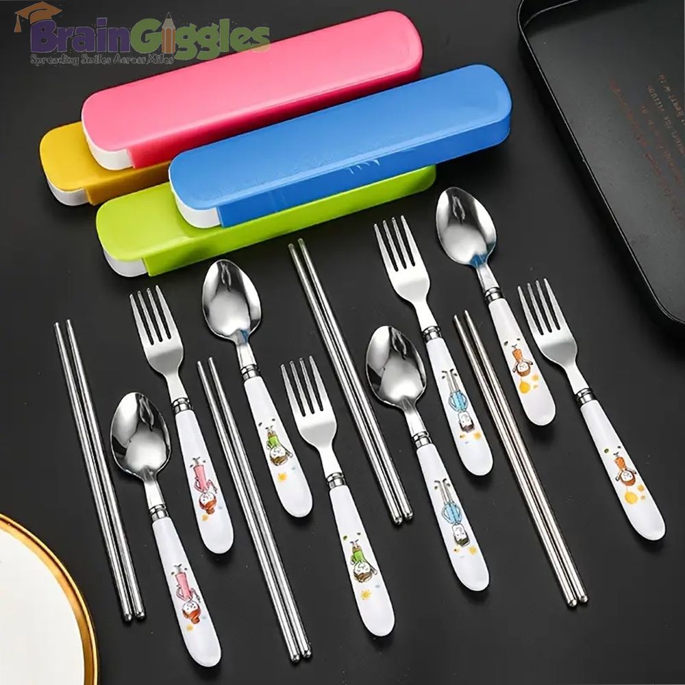 Brain Giggles - Kids Cutlery Set With Case - Blue - 4 Pcs