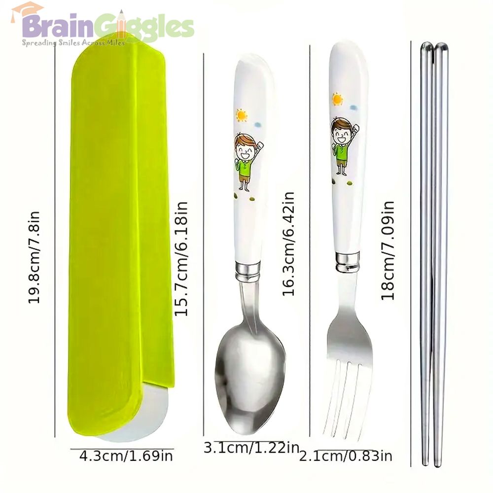 Brain Giggles - Kids Cutlery Set With Case - Green - 4 Pcs