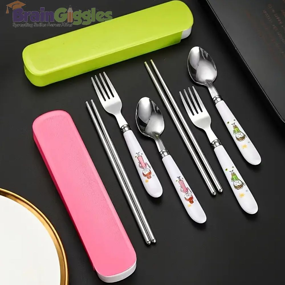 Brain Giggles - Kids Cutlery Set With Case - Red - 4 Pcs