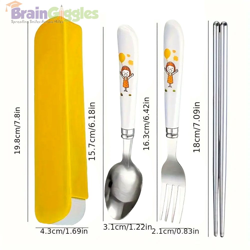 Brain Giggles - Kids Cutlery Set With Case - Yellow - 4 Pcs