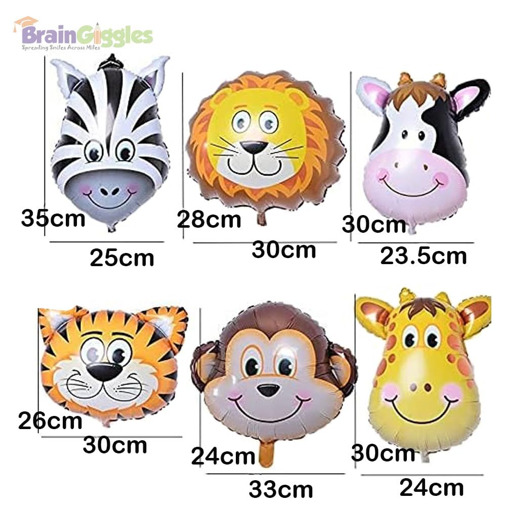 BrainGiggles - Birthday Party Jungle Safari Animals Foil Balloons - 6 Pcs