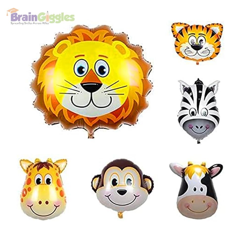 BrainGiggles - Birthday Party Jungle Safari Animals Foil Balloons - 6 Pcs