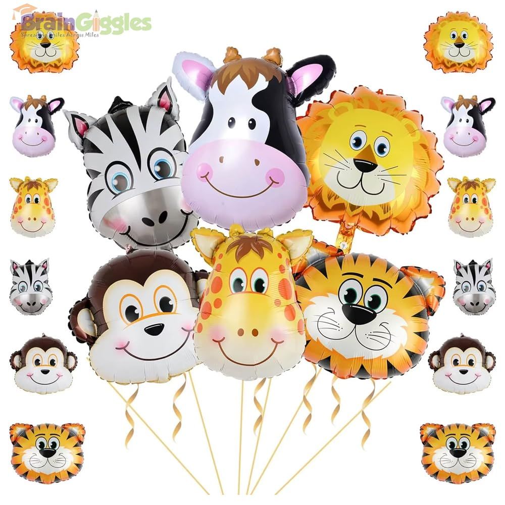 BrainGiggles - Birthday Party Jungle Safari Animals Foil Balloons - 6 Pcs