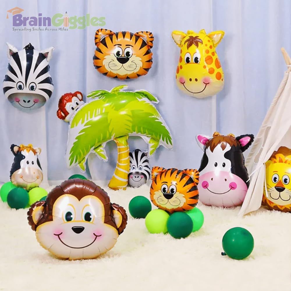 BrainGiggles - Birthday Party Jungle Safari Animals Foil Balloons - 6 Pcs