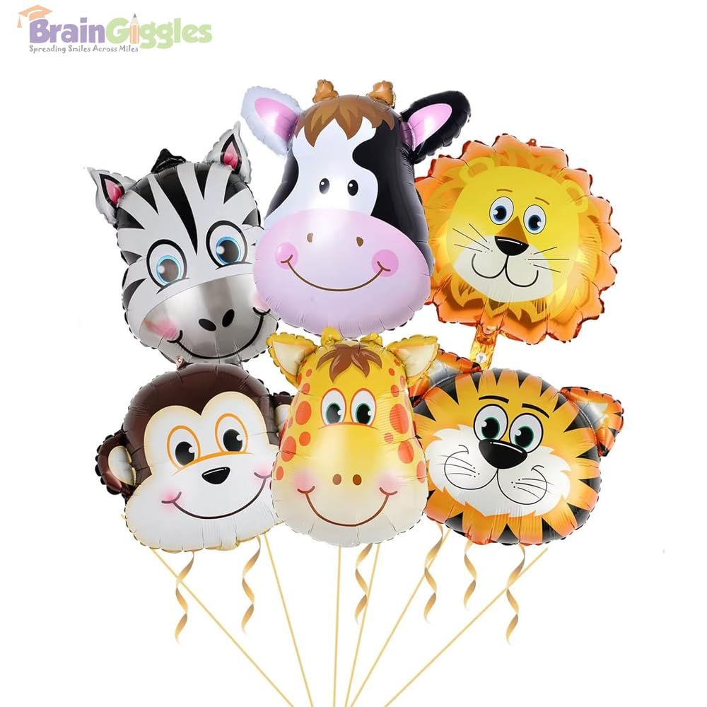 BrainGiggles - Birthday Party Jungle Safari Animals Foil Balloons - 6 Pcs