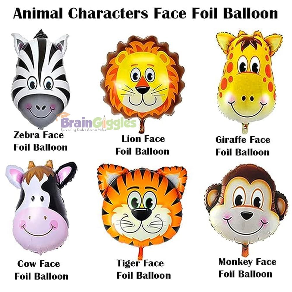 BrainGiggles - Birthday Party Jungle Safari Animals Foil Balloons - 6 Pcs