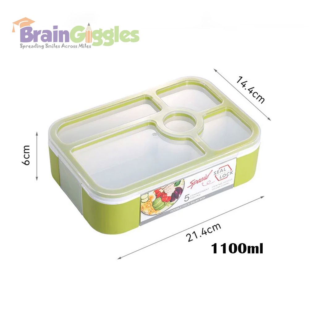 Brain Giggles - Bento Lunch Box With Spoon, Fork And 5 Compartments - Green