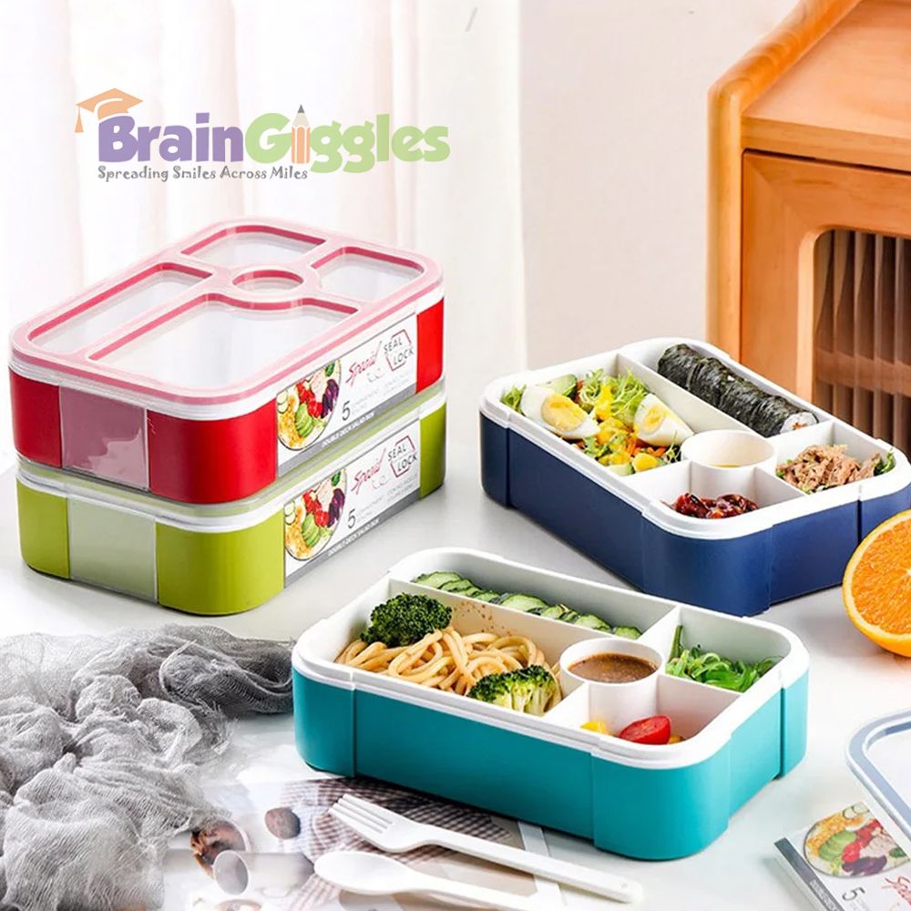 Brain Giggles - Bento Lunch Box With Spoon, Fork And 5 Compartments - Green