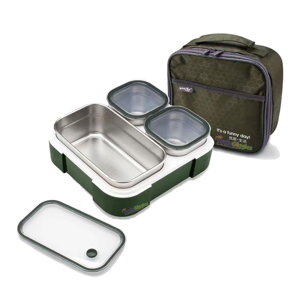 Brain Giggles - Insulated Stainless Steel Bento Lunchbox With 3 Compartments - Green