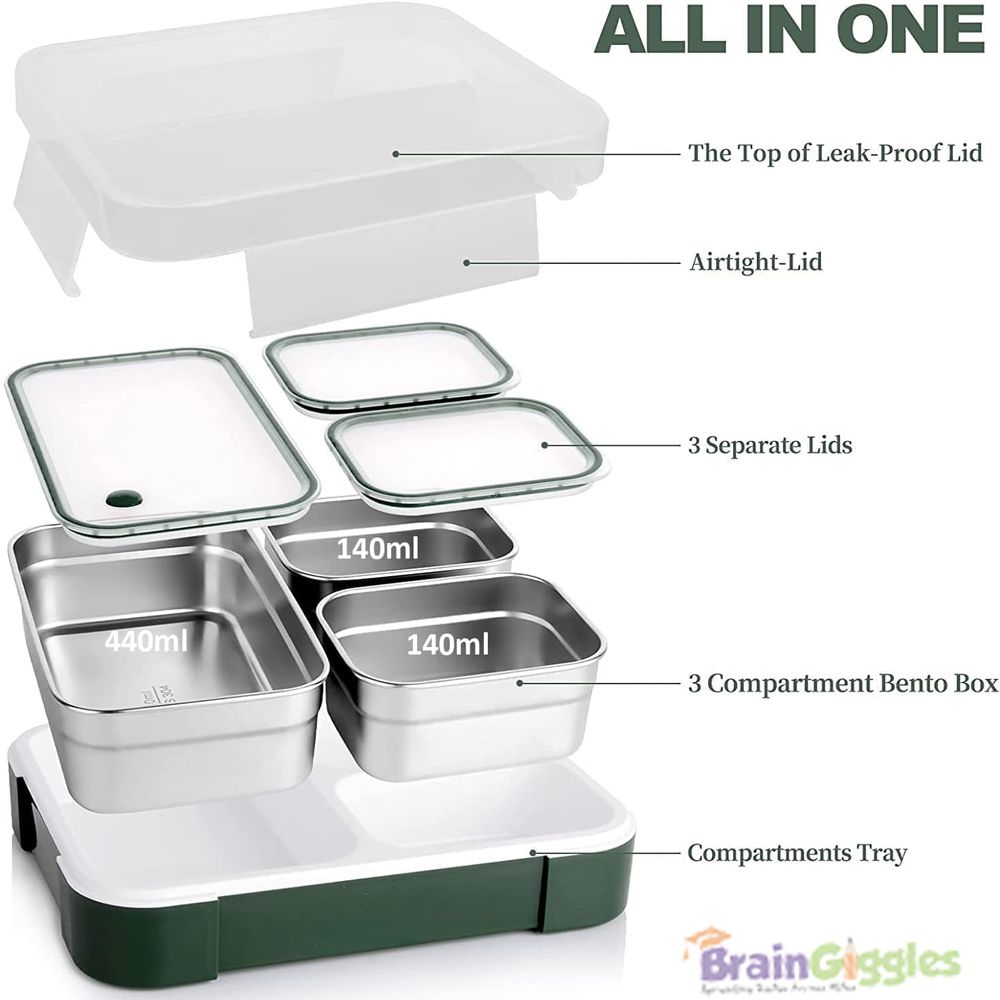 Brain Giggles - Insulated Stainless Steel Bento Lunchbox With 3 Compartments - Green