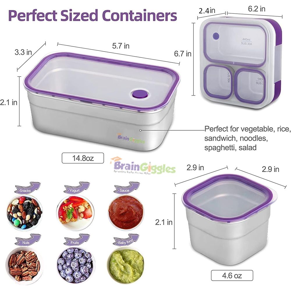 Brain Giggles - Insulated Stainless Steel Bento Lunchbox With 3 Compartments - Purple