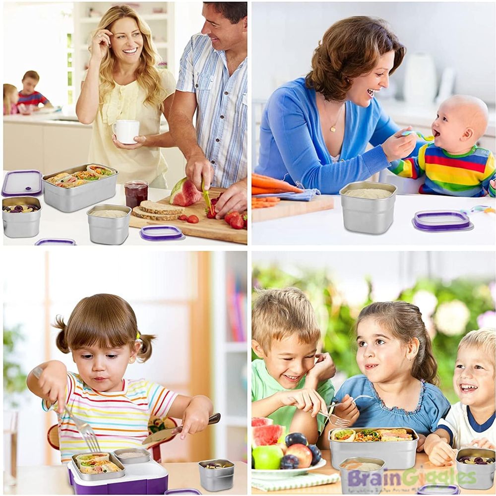 Brain Giggles - Insulated Stainless Steel Bento Lunchbox With 3 Compartments - Purple