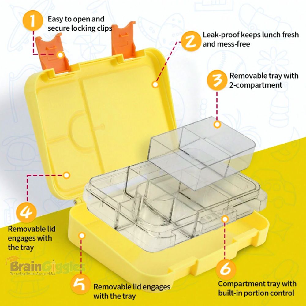 برين جيغلز - صندوق غداء بنتو - 6 أقسام - أصفر