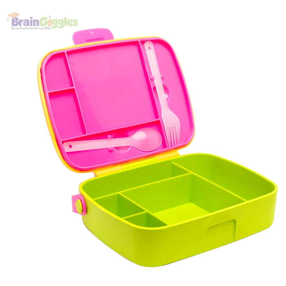 Brain Giggles - Bento Lunch Box With 5 Compartments And Cutlery - Yellow/Green