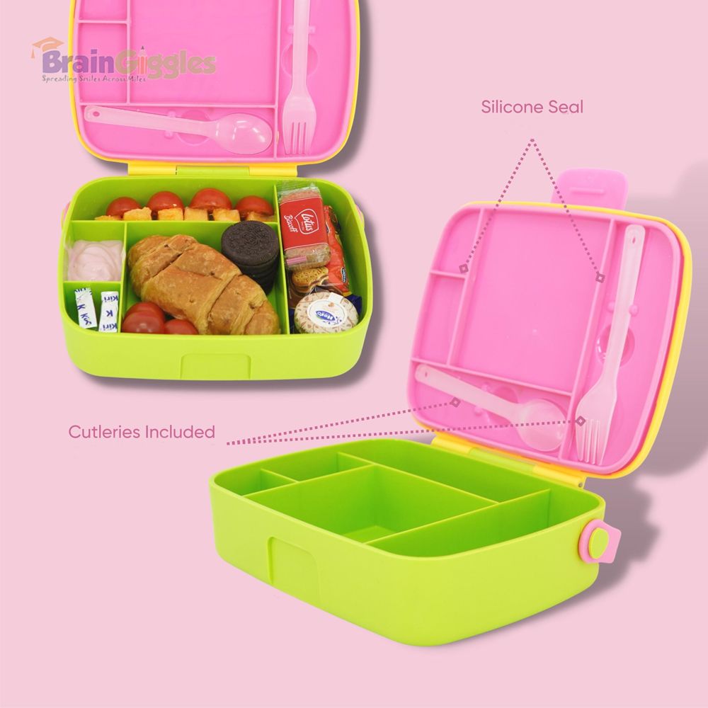 Brain Giggles - Bento Lunch Box With 5 Compartments And Cutlery - Yellow/Green