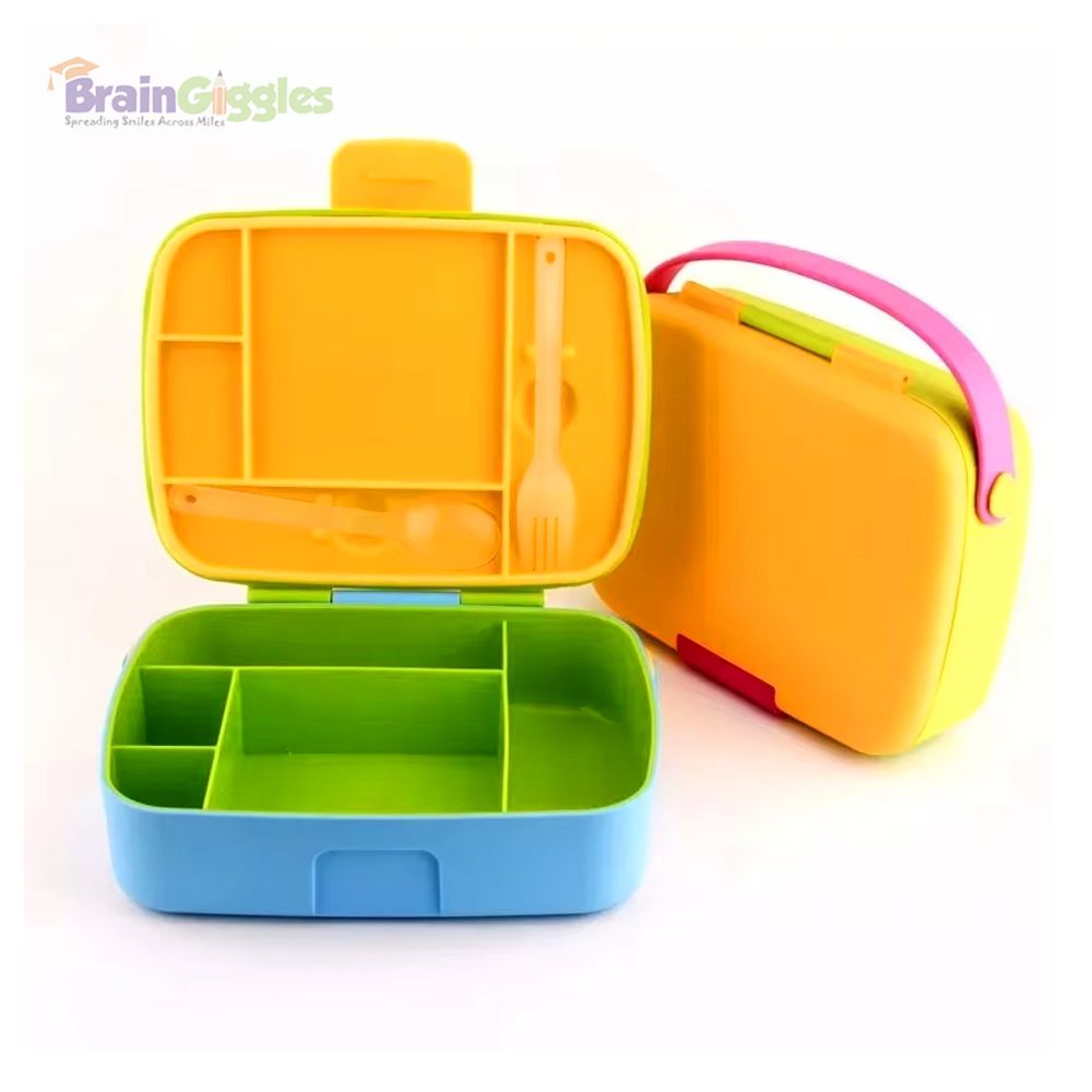 Brain Giggles - Bento Lunch Box With 5 Compartments And Cutlery - Yellow/Green