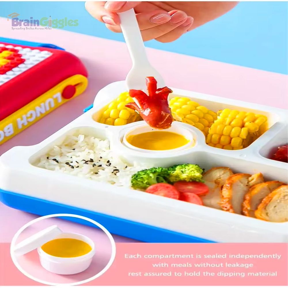 Brain Giggles - Bento Lunch Box With 4 Compartments And Building Blocks - Red/Blue