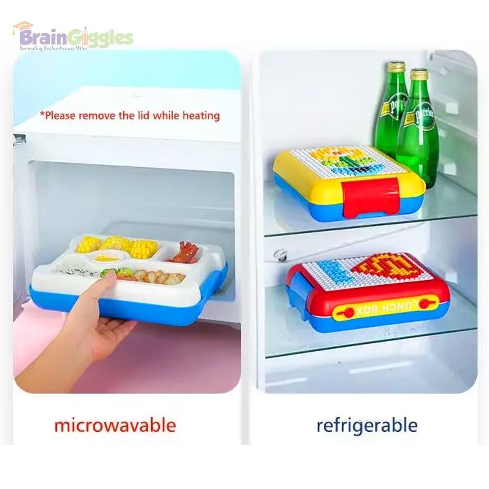 Brain Giggles - Bento Lunch Box With 4 Compartments And Building Blocks - Red/Blue