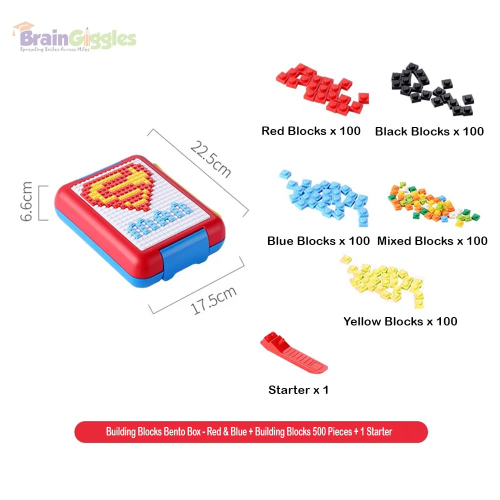 Brain Giggles - Bento Lunch Box With 4 Compartments And Building Blocks - Red/Blue