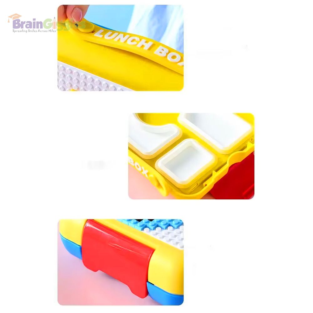 Brain Giggles - Bento Lunch Box With 4 Compartments And Building Blocks - Yellow/Blue